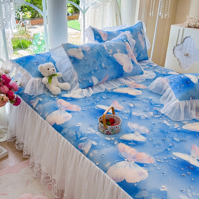 91家纺网 家纺一手货源 找家纺 罗艺轩 2025新款冰丝5D印花床裙凉席席子 蝴蝶蓝