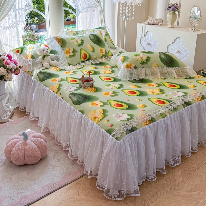 91家纺网 家纺一手货源 找家纺 罗艺轩 2025新款冰丝5D印花床裙凉席席子 牛油果绿