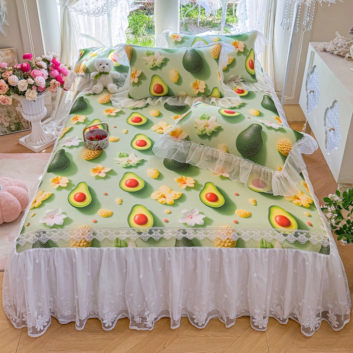 罗艺轩 2025新款冰丝5D印花床裙凉席席子 牛油果绿