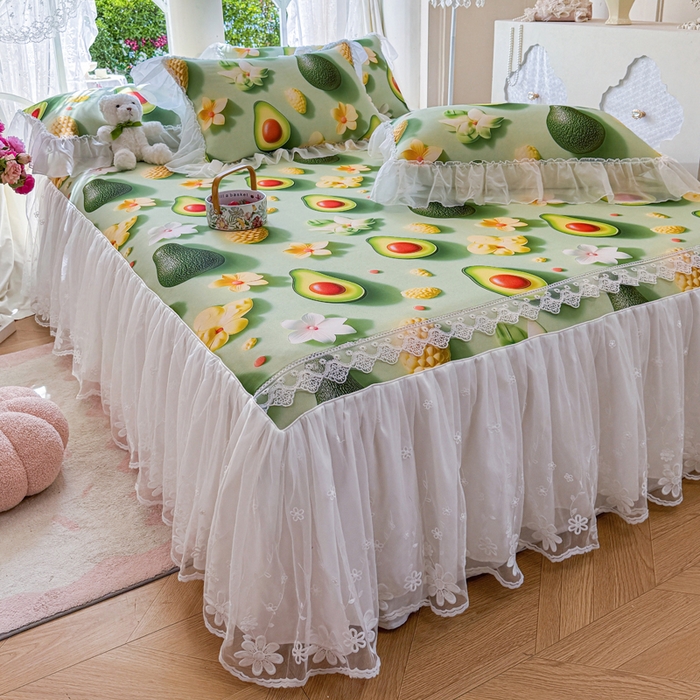 91家纺网 家纺一手货源 找家纺 罗艺轩 2025新款冰丝5D印花床裙凉席席子 牛油果绿