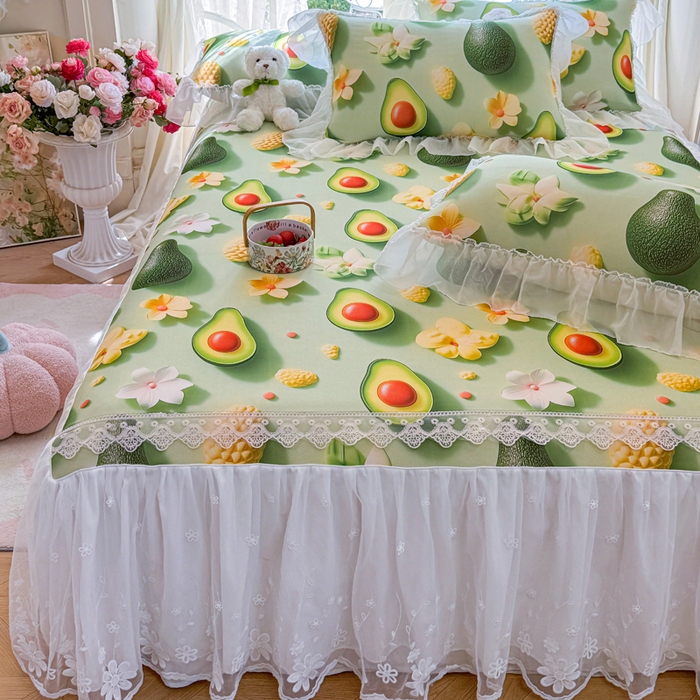 91家纺网 家纺一手货源 找家纺 罗艺轩 2025新款冰丝5D印花床裙凉席席子 牛油果绿
