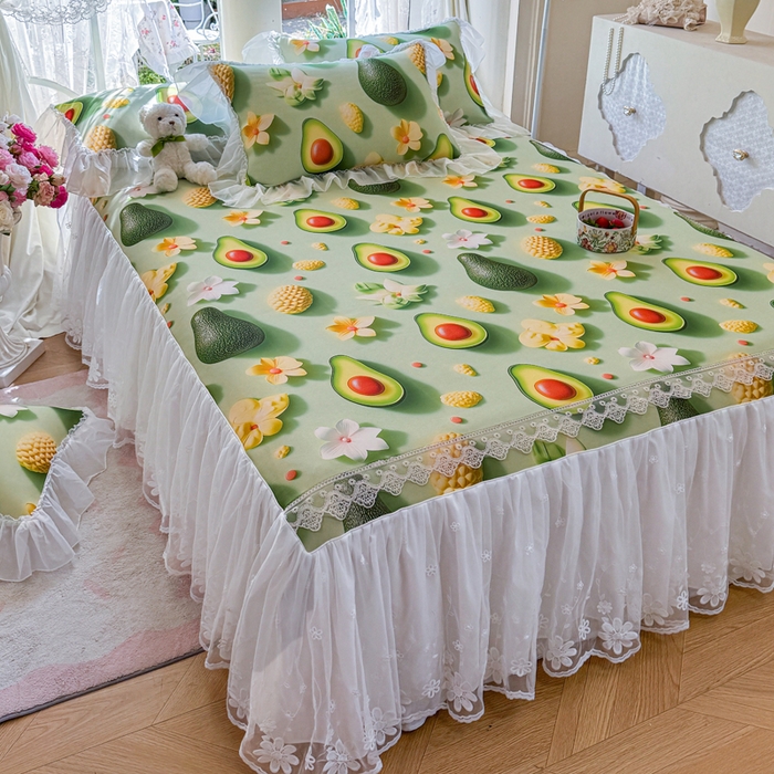 91家纺网 家纺一手货源 找家纺 罗艺轩 2025新款冰丝5D印花床裙凉席席子 牛油果绿