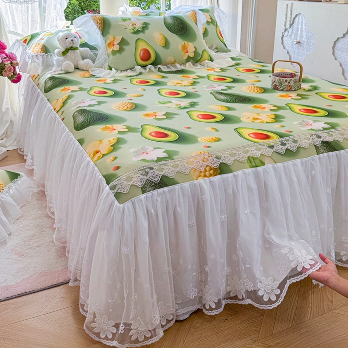 91家纺网 家纺一手货源 找家纺 罗艺轩 2025新款冰丝5D印花床裙凉席席子 牛油果绿