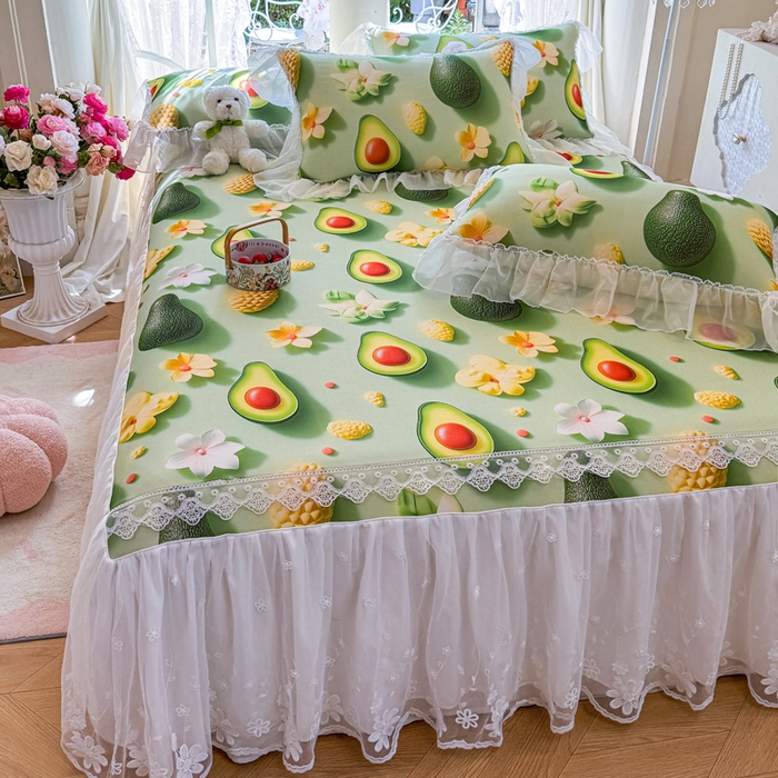 91家纺网 家纺一手货源 找家纺 罗艺轩 2025新款冰丝5D印花床裙凉席席子 牛油果绿