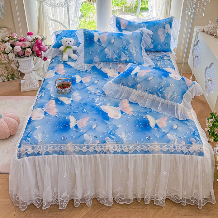 罗艺轩 2025新款冰丝5D印花床裙凉席席子 蝴蝶蓝