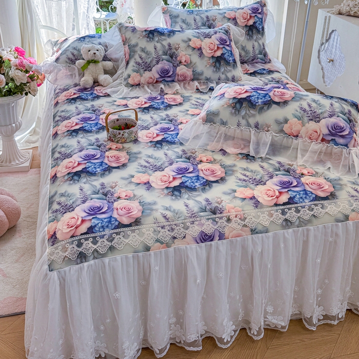 91家纺网 家纺一手货源 找家纺 罗艺轩 2025新款冰丝5D印花床裙凉席席子 花开朵朵