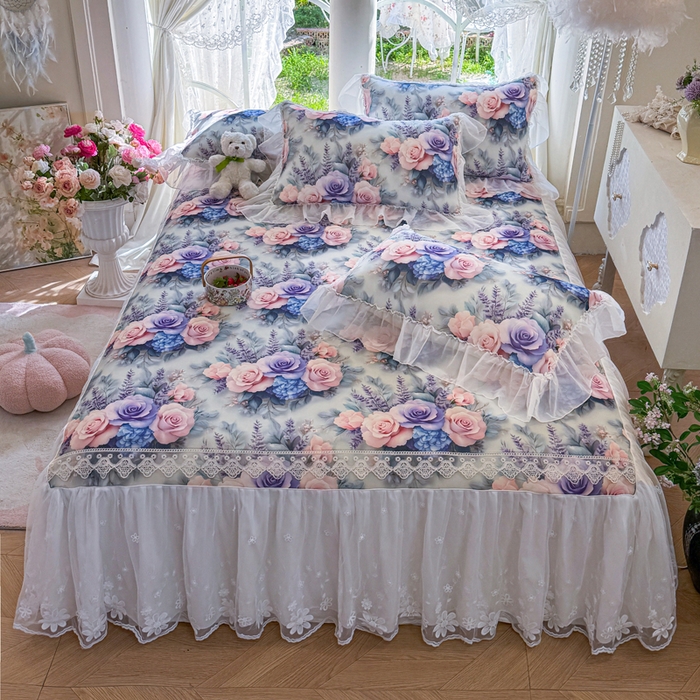 罗艺轩 2025新款冰丝5D印花床裙凉席席子 花开朵朵