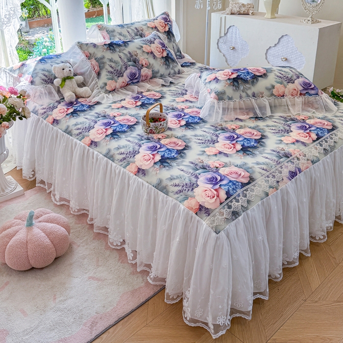 91家纺网 家纺一手货源 找家纺 罗艺轩 2025新款冰丝5D印花床裙凉席席子 花开朵朵