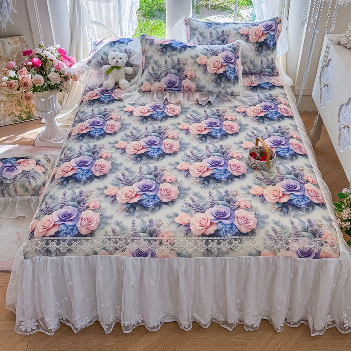 91家纺网 家纺一手货源 找家纺 罗艺轩 2025新款冰丝5D印花床裙凉席席子 花开朵朵