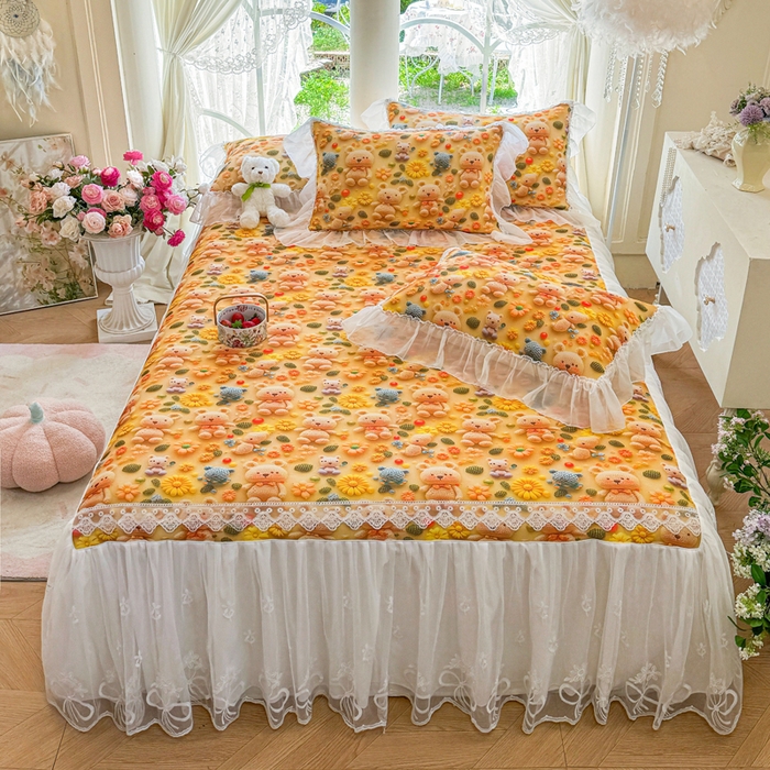 91家纺网 家纺一手货源 找家纺 罗艺轩 2025新款冰丝5D印花床裙凉席席子 葵花熊