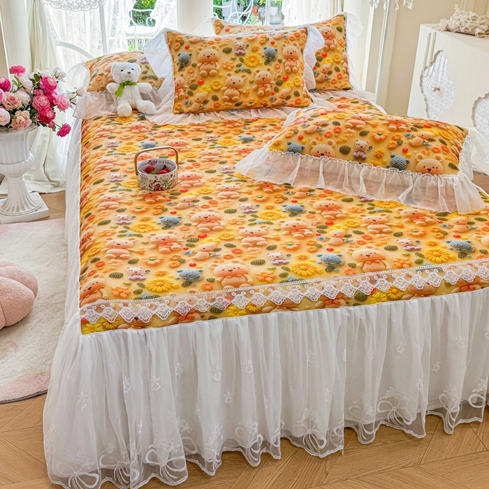 91家纺网 家纺一手货源 找家纺 罗艺轩 2025新款冰丝5D印花床裙凉席席子 葵花熊