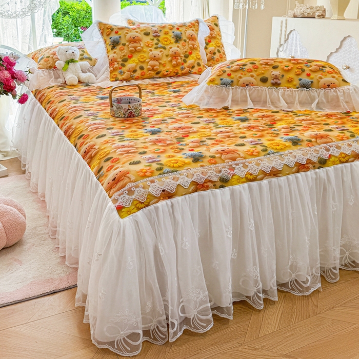 91家纺网 家纺一手货源 找家纺 罗艺轩 2025新款冰丝5D印花床裙凉席席子 葵花熊