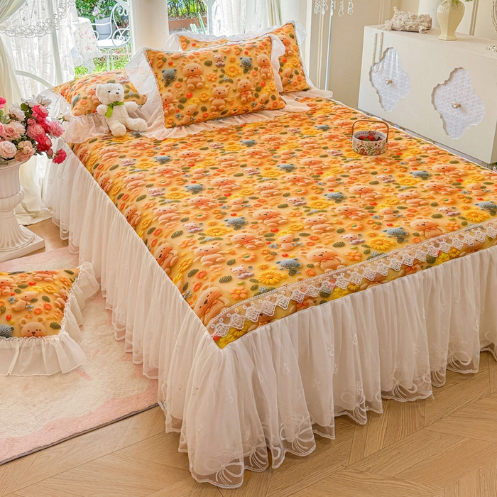 91家纺网 家纺一手货源 找家纺 罗艺轩 2025新款冰丝5D印花床裙凉席席子 葵花熊