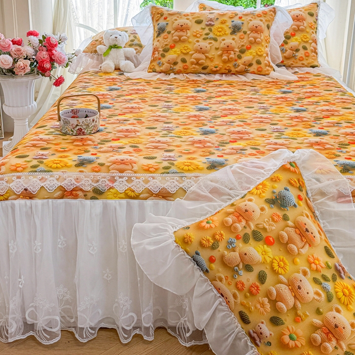 91家纺网 家纺一手货源 找家纺 罗艺轩 2025新款冰丝5D印花床裙凉席席子 葵花熊