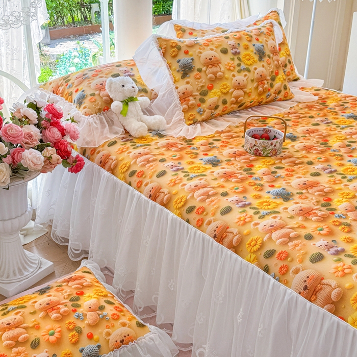 91家纺网 家纺一手货源 找家纺 罗艺轩 2025新款冰丝5D印花床裙凉席席子 葵花熊