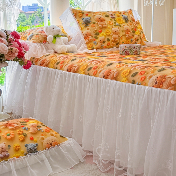 91家纺网 家纺一手货源 找家纺 罗艺轩 2025新款冰丝5D印花床裙凉席席子 葵花熊