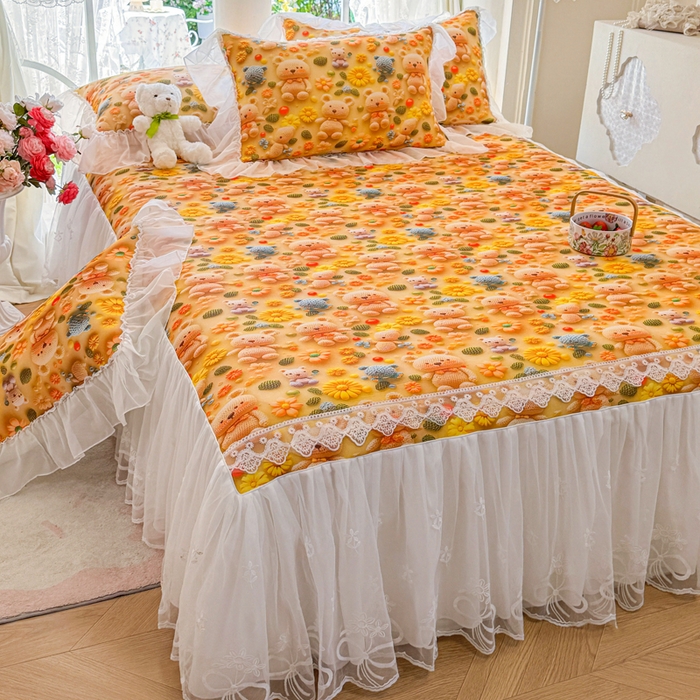 91家纺网 家纺一手货源 找家纺 罗艺轩 2025新款冰丝5D印花床裙凉席席子 葵花熊