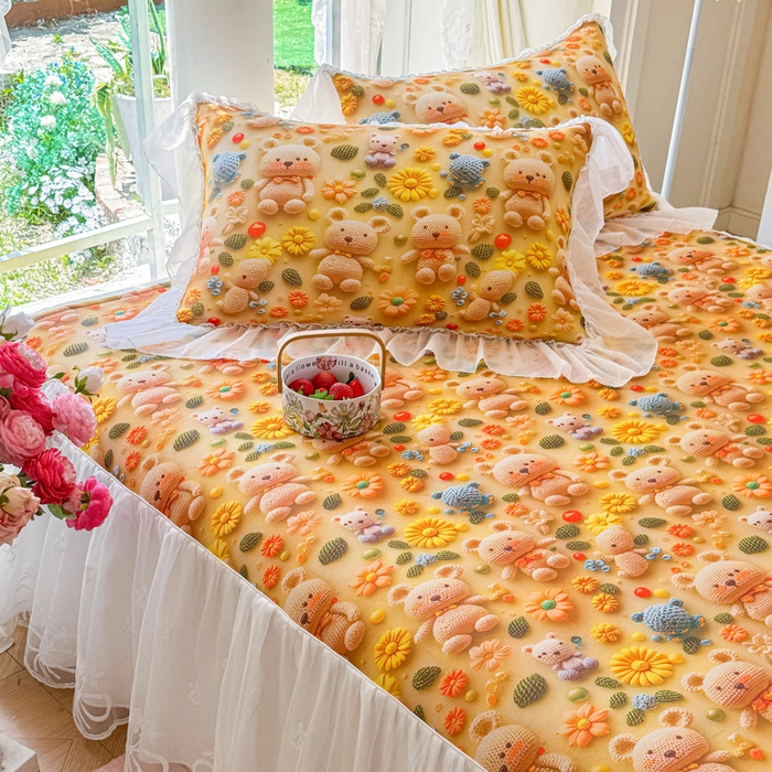 91家纺网 家纺一手货源 找家纺 罗艺轩 2025新款冰丝5D印花床裙凉席席子 葵花熊