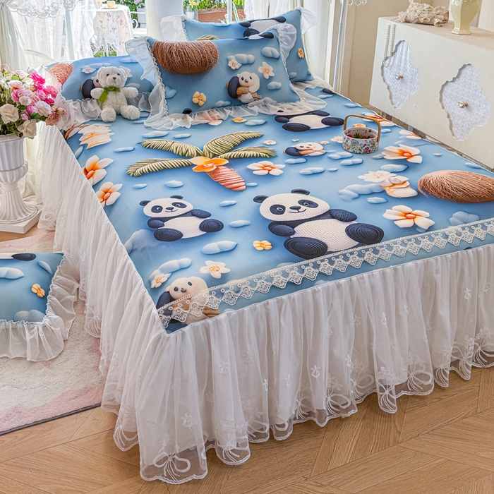 91家纺网 家纺一手货源 找家纺 罗艺轩 2025新款冰丝5D印花床裙凉席席子 熊猫世界