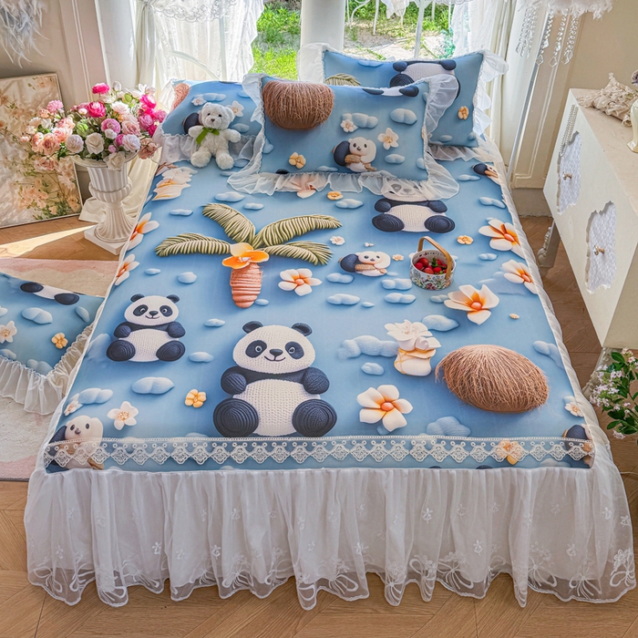 91家纺网 家纺一手货源 找家纺 罗艺轩 2025新款冰丝5D印花床裙凉席席子 熊猫世界