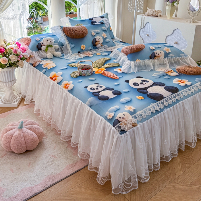 91家纺网 家纺一手货源 找家纺 罗艺轩 2025新款冰丝5D印花床裙凉席席子 熊猫世界