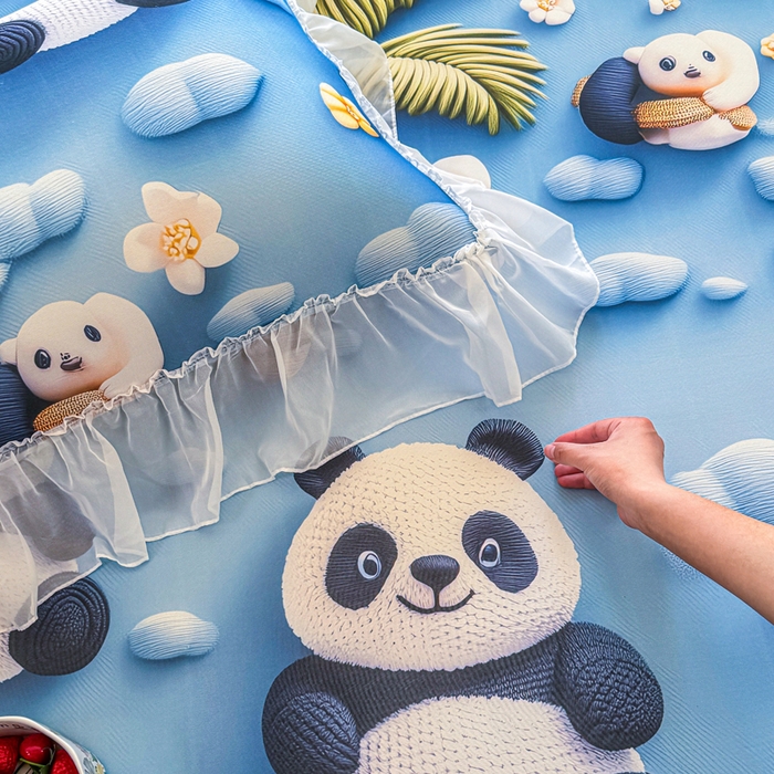 91家纺网 家纺一手货源 找家纺 罗艺轩 2025新款冰丝5D印花床裙凉席席子 熊猫世界