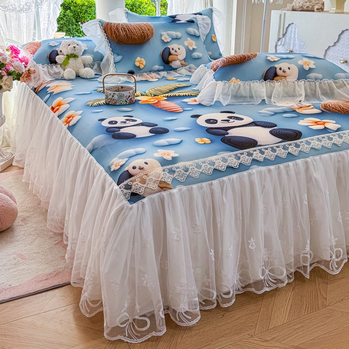 91家纺网 家纺一手货源 找家纺 罗艺轩 2025新款冰丝5D印花床裙凉席席子 熊猫世界