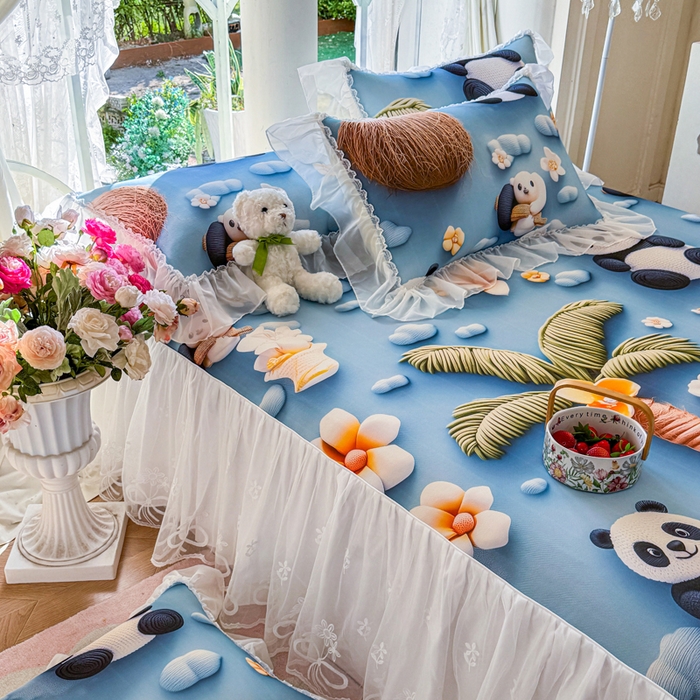 91家纺网 家纺一手货源 找家纺 罗艺轩 2025新款冰丝5D印花床裙凉席席子 熊猫世界