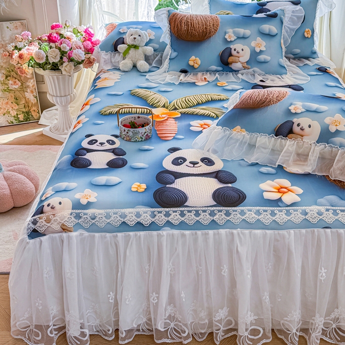 91家纺网 家纺一手货源 找家纺 罗艺轩 2025新款冰丝5D印花床裙凉席席子 熊猫世界