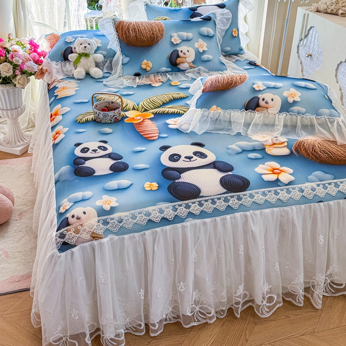 91家纺网 家纺一手货源 找家纺 罗艺轩 2025新款冰丝5D印花床裙凉席席子 熊猫世界