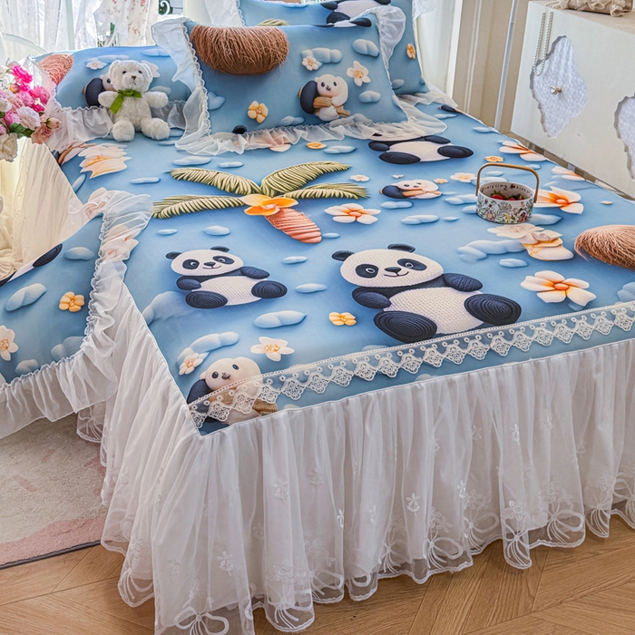 91家纺网 家纺一手货源 找家纺 罗艺轩 2025新款冰丝5D印花床裙凉席席子 熊猫世界