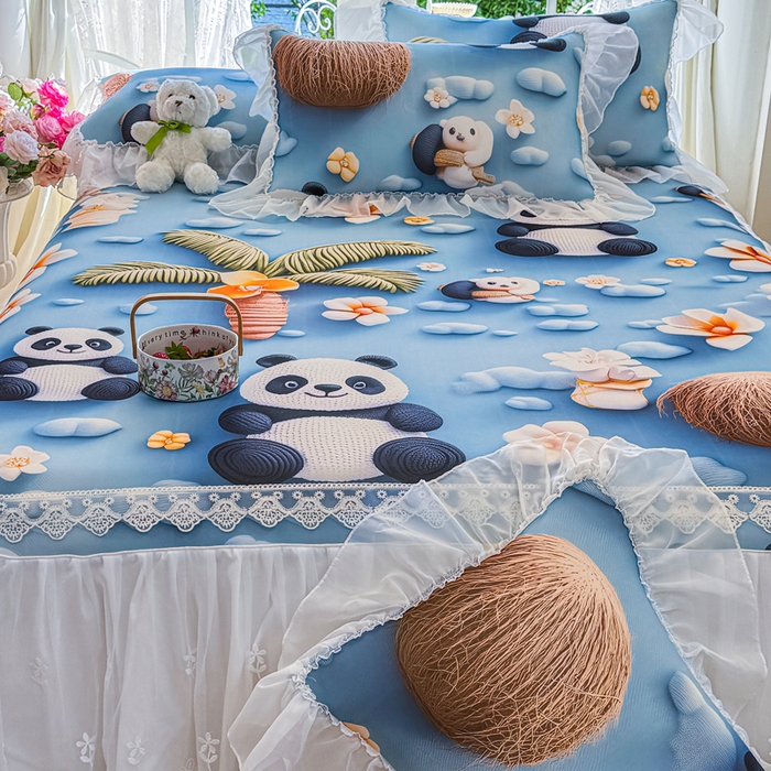 91家纺网 家纺一手货源 找家纺 罗艺轩 2025新款冰丝5D印花床裙凉席席子 熊猫世界