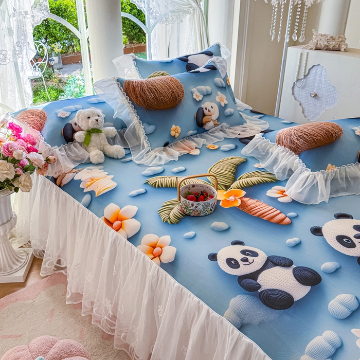 91家纺网 家纺一手货源 找家纺 罗艺轩 2025新款冰丝5D印花床裙凉席席子 熊猫世界