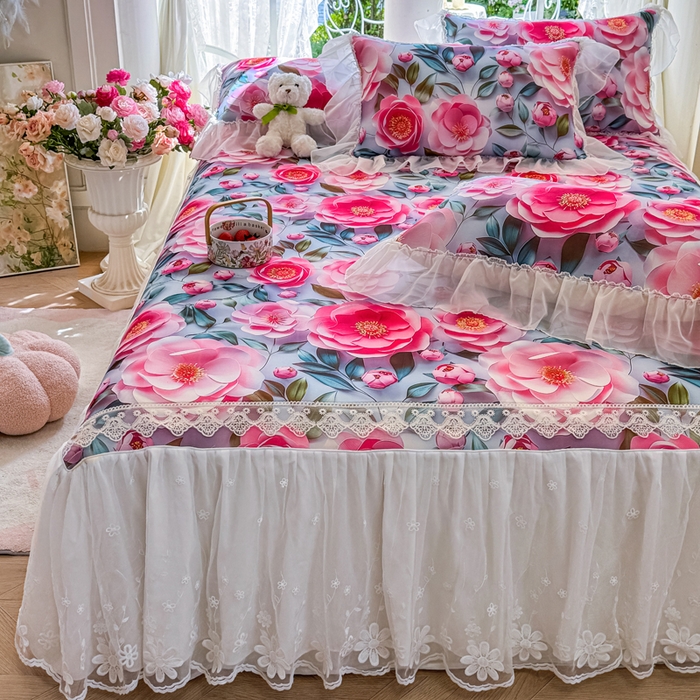 91家纺网 家纺一手货源 找家纺 罗艺轩 2025新款冰丝5D印花床裙凉席席子 爱心物语