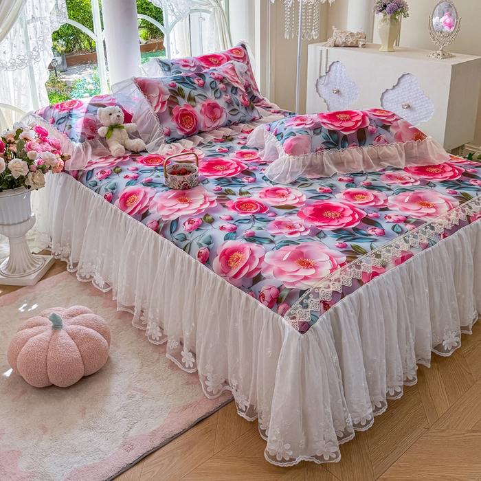 91家纺网 家纺一手货源 找家纺 罗艺轩 2025新款冰丝5D印花床裙凉席席子 爱心物语