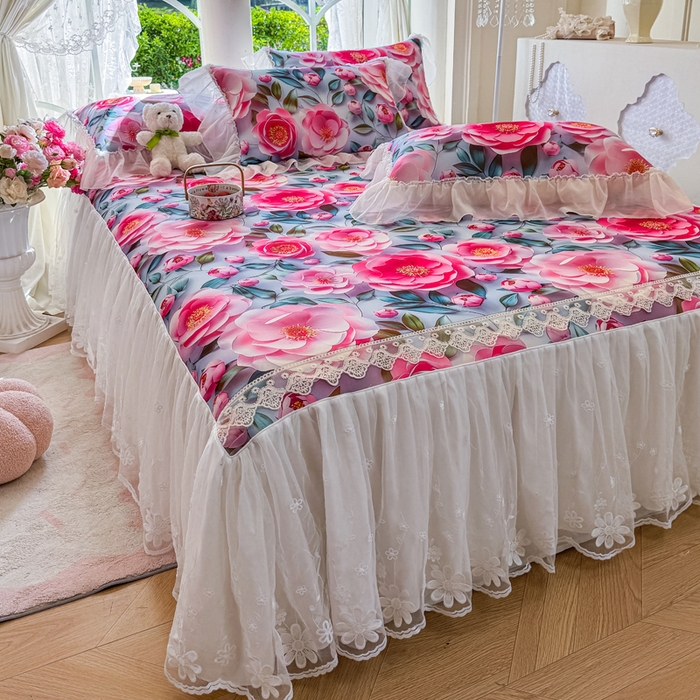 91家纺网 家纺一手货源 找家纺 罗艺轩 2025新款冰丝5D印花床裙凉席席子 爱心物语