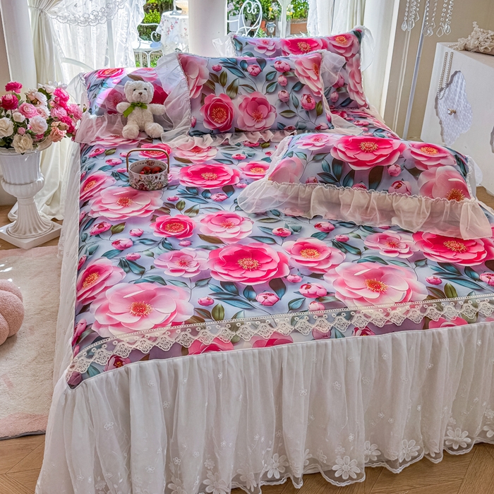 91家纺网 家纺一手货源 找家纺 罗艺轩 2025新款冰丝5D印花床裙凉席席子 爱心物语