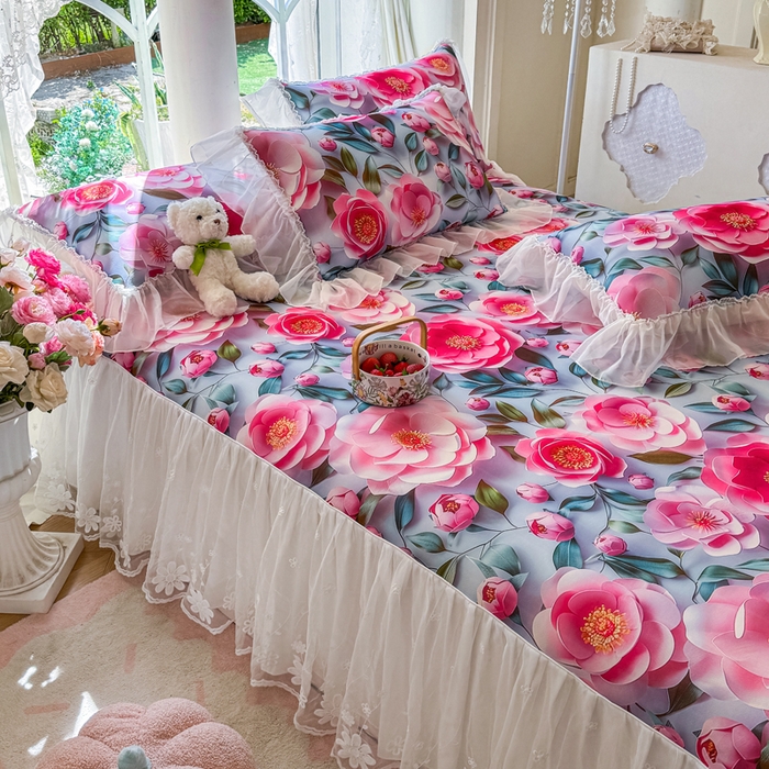 91家纺网 家纺一手货源 找家纺 罗艺轩 2025新款冰丝5D印花床裙凉席席子 爱心物语