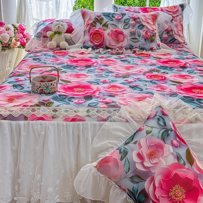 91家纺网 家纺一手货源 找家纺 罗艺轩 2025新款冰丝5D印花床裙凉席席子 爱心物语