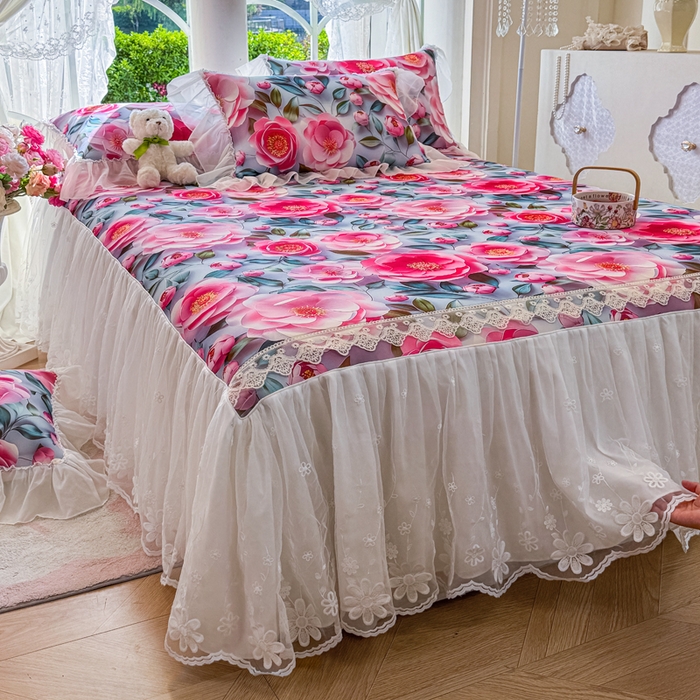 91家纺网 家纺一手货源 找家纺 罗艺轩 2025新款冰丝5D印花床裙凉席席子 爱心物语