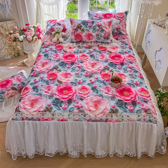 91家纺网 家纺一手货源 找家纺 罗艺轩 2025新款冰丝5D印花床裙凉席席子 爱心物语