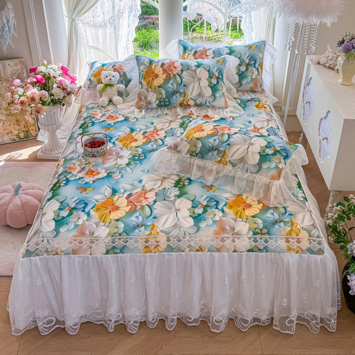 91家纺网 家纺一手货源 找家纺 罗艺轩 2025新款冰丝5D印花床裙凉席席子 繁花似锦