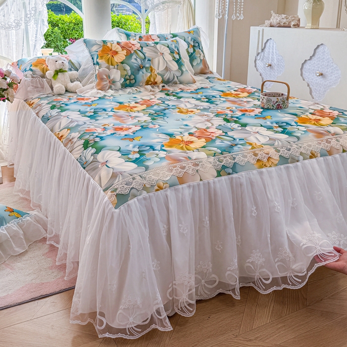 91家纺网 家纺一手货源 找家纺 罗艺轩 2025新款冰丝5D印花床裙凉席席子 繁花似锦