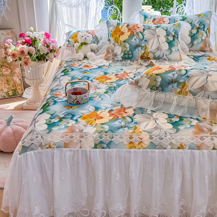 91家纺网 家纺一手货源 找家纺 罗艺轩 2025新款冰丝5D印花床裙凉席席子 繁花似锦