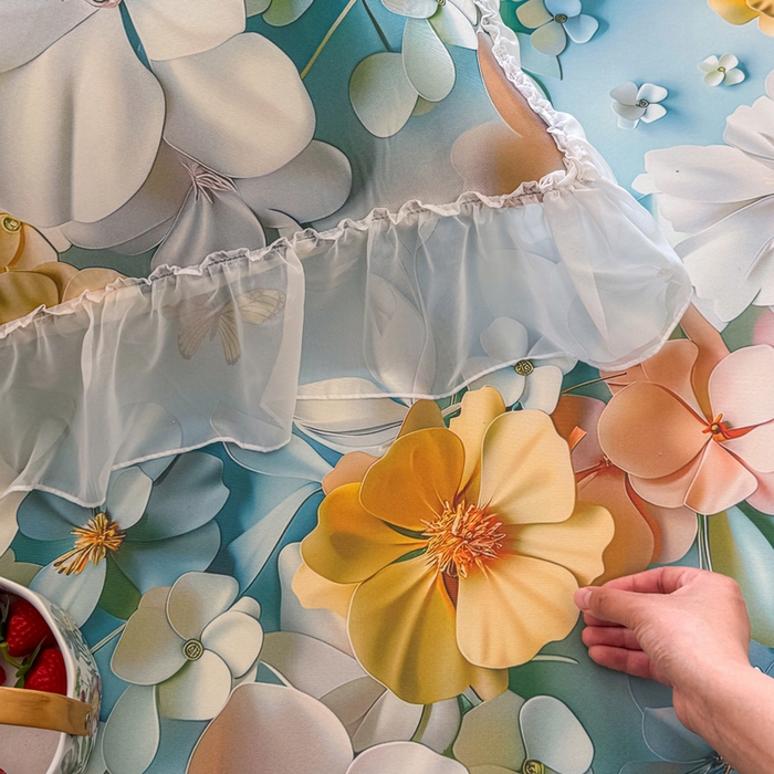 91家纺网 家纺一手货源 找家纺 罗艺轩 2025新款冰丝5D印花床裙凉席席子 繁花似锦