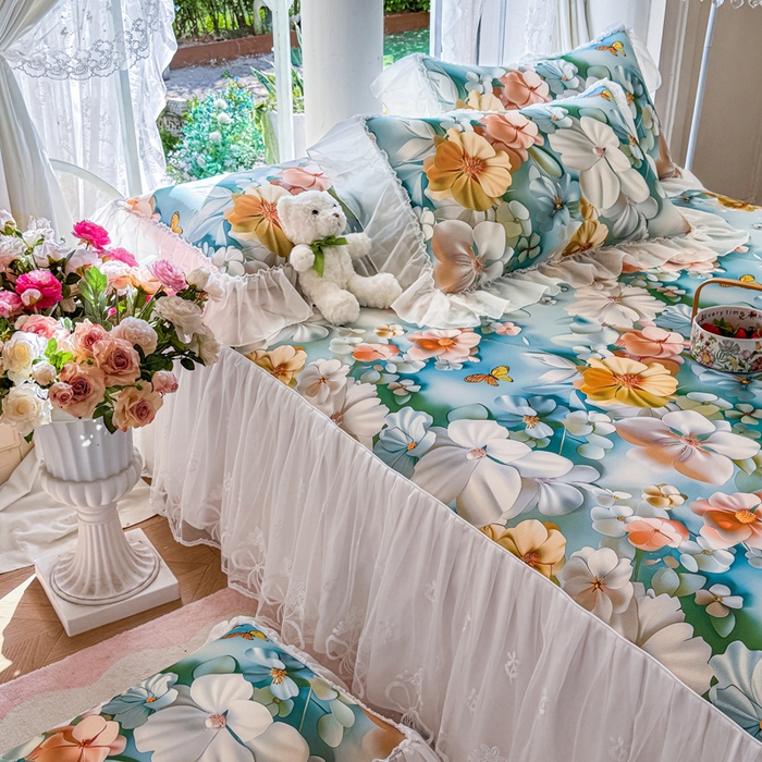 91家纺网 家纺一手货源 找家纺 罗艺轩 2025新款冰丝5D印花床裙凉席席子 繁花似锦