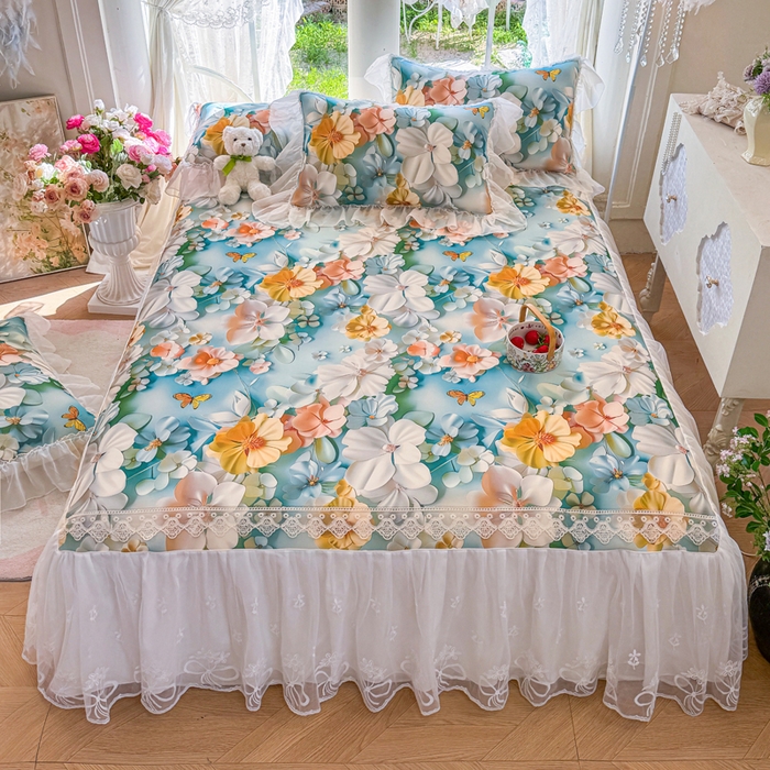 91家纺网 家纺一手货源 找家纺 罗艺轩 2025新款冰丝5D印花床裙凉席席子 繁花似锦