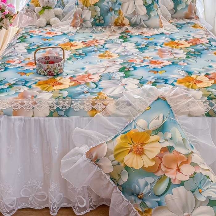 91家纺网 家纺一手货源 找家纺 罗艺轩 2025新款冰丝5D印花床裙凉席席子 繁花似锦