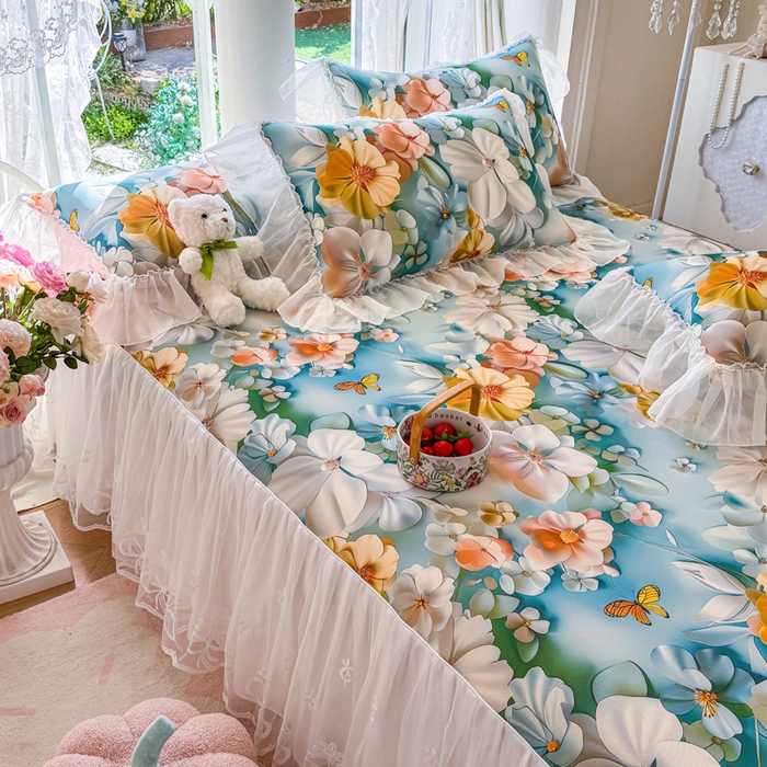 91家纺网 家纺一手货源 找家纺 罗艺轩 2025新款冰丝5D印花床裙凉席席子 繁花似锦