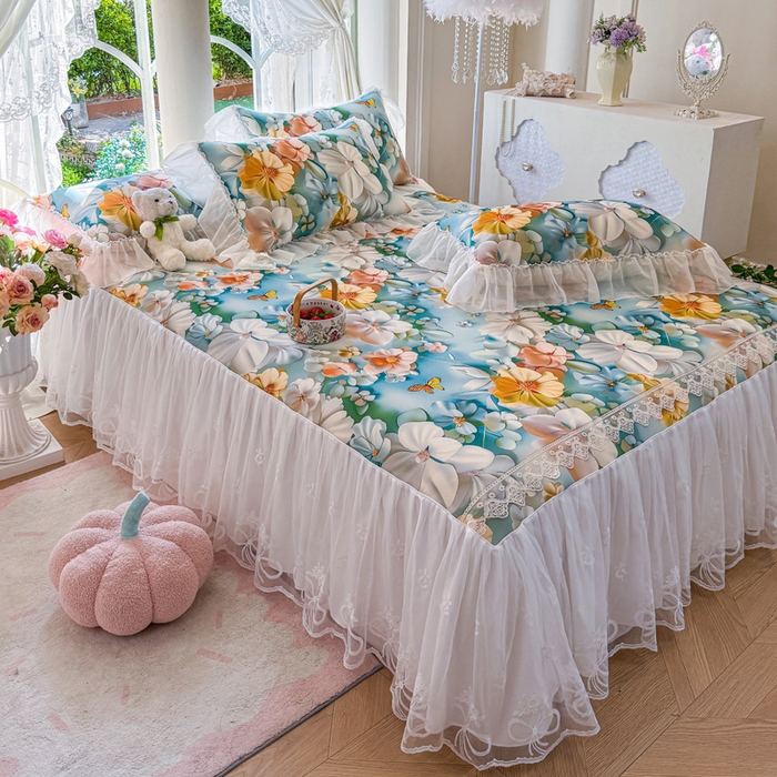 91家纺网 家纺一手货源 找家纺 罗艺轩 2025新款冰丝5D印花床裙凉席席子 繁花似锦